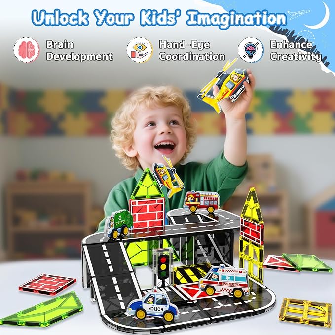 Magnetic Tiles Road Car Set,Magnetic Building Blocks for Kids, Learning Sensory Montessori Toys for 3-8 Year Old Boys Girls, Birthday Gifts for 3-8 Year Old Boys Girls, STEM Toys for Toddler