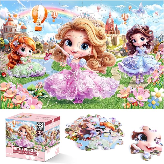 IFLOVE Princess Floor Puzzle for Kids — 48 Piece Jumbo Princess Castle Jigsaw Puzzle, Fairy Tale Puzzle with Prince Unicorn Castle, Educational Toy Birthday for Girls Boys Ages 3-8