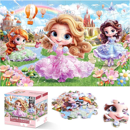 IFLOVE Princess Floor Puzzle for Kids — 48 Piece Jumbo Princess Castle Jigsaw Puzzle, Fairy Tale Puzzle with Prince Unicorn Castle, Educational Toy Birthday for Girls Boys Ages 3-8