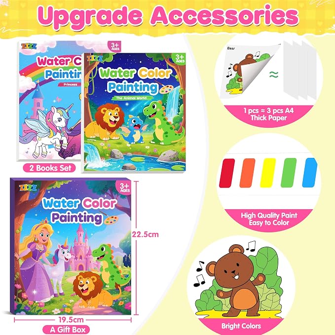 Paint with Water Coloring Books for Kids: 2 Pack Watercolor Painting Books Set for Ages Toddler Girl Boys 3 4 5 6 7 8 Year Old Birthday Gifts - Mess Free Drawing Activity Arts and Crafts Toys Kit