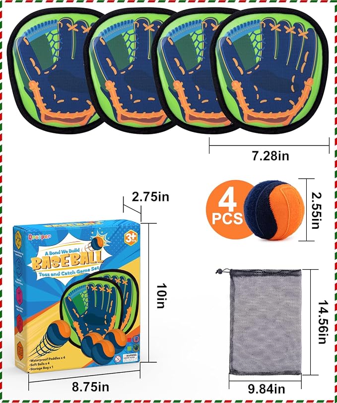 Toss and Catch Ball Game with Soft Balls & Sticky Baseball Gloves - Toys for Indoor, Outdoor, Yard, Beach, Pool, Camping - Birthday Gift for Boys, Girls, Toddler, Kids Ages 3-12 - Green