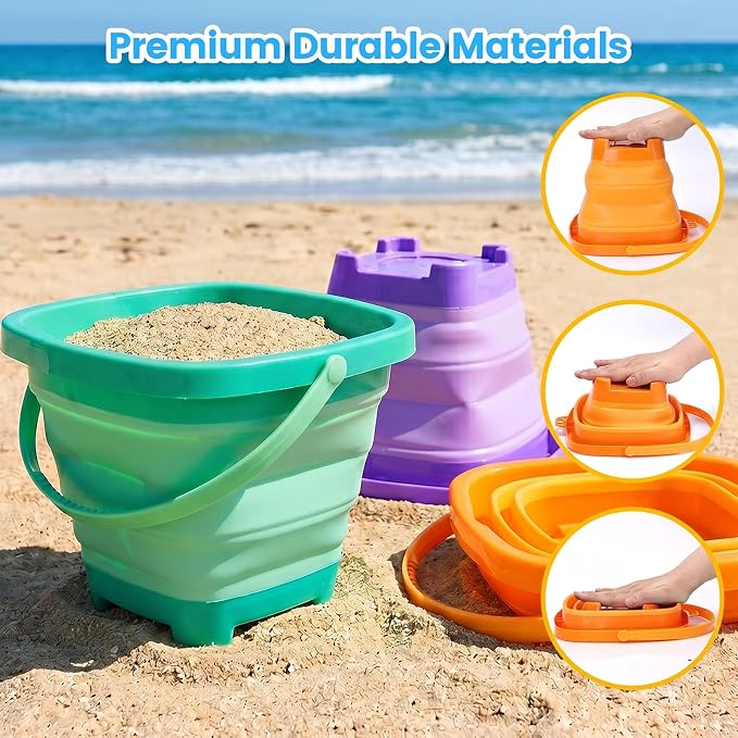 Shindel 3Set Collapsible Beach Buckets, Foldable Sand Toys, for Kids Toddlers Outdoor Activities, Beach Fun Summer Vacation, Camping Gear, Travelling