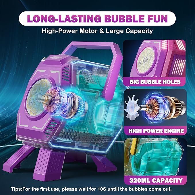Belemar Bubble Machine for Kids with Lights, 6 Big Bubble Holes, Up to 15,000 Bubbles/Min, 320ml Large Tank, Battery Operated Portable Bubble Blower for Toddlers, Birthday Parties & Outdoor Fun