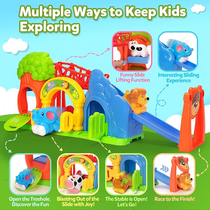 BAYSING Toys for Toddler 1, 2, 3 Year Old Boy and Girl, Zoo Animal Slide Playset with 4 Animal Cars, Open-Ended Interactive Toy for Cultivate Imagination, Gifts for 12-18+ Months Kids