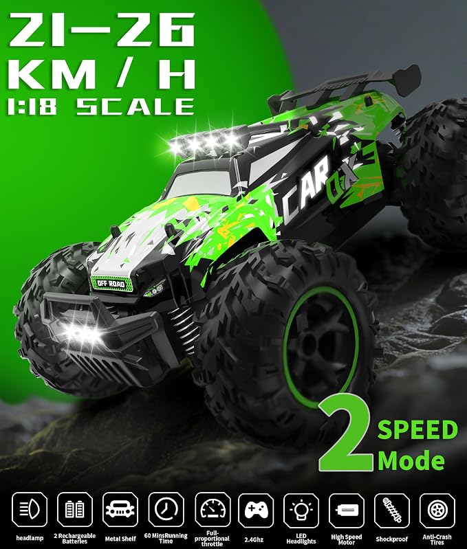 Carox Remote Control Car, 2.4GHz 26KM/H High Speed RC Car, 1:18 Off-Road Monster Truck with LED Lights, Proportional Throttle & 1800mAh Rechargeable Batteries – Ideal Gift for Boys 6+ (GRE)