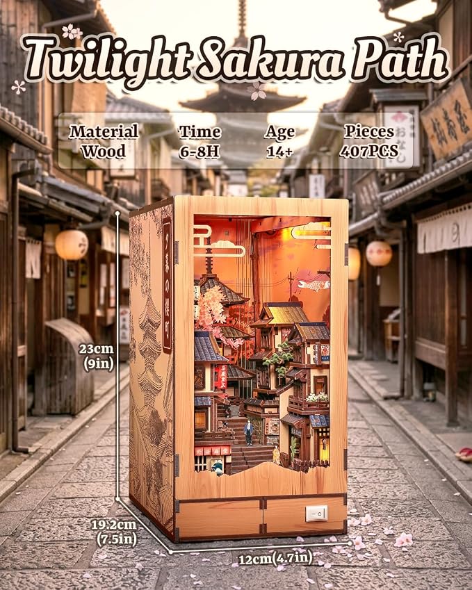 CUTEBEE Book Nook Kit Sakura Wine Alley, 3D Wooden Puzzle Booknook for Adults,LED Bookshelf Decor,DIY Miniature Dollhouse Bookend, Crafts Gifts for Adults, Teens & Book Lovers (Twilight Sakura Path)