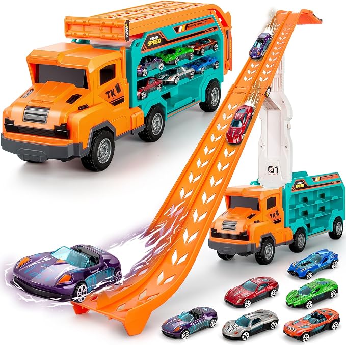 BainGesk Carrier Truck Toys for 3 4 5 6 Years Old Boys, 2.8 Ft Race Track Transport Cars with 6 Die-Cast Metal Toy Cars, Birthday Gifts Kids Age 3-5, Racing Toys Gifts for Toddlers