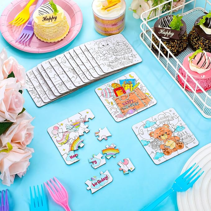 Realspring 24 Pack Happy Birthday Color Your Own Jigsaw Puzzles for Kids 3-5, 4-6, 6-8, Coloring Crafts DIY Paper Puzzles Party Favors Gifts for Toddler Children Learning Education Toys