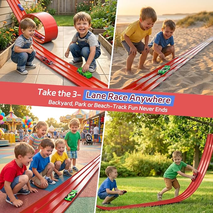 3-Lane Flexible Race Car Track for Kids - 16.4 Ft Race Track Toy with Strong Suction Cups, Roll-Up Portable DIY Racetrack Compatible with 1/64 Diecast Cars
