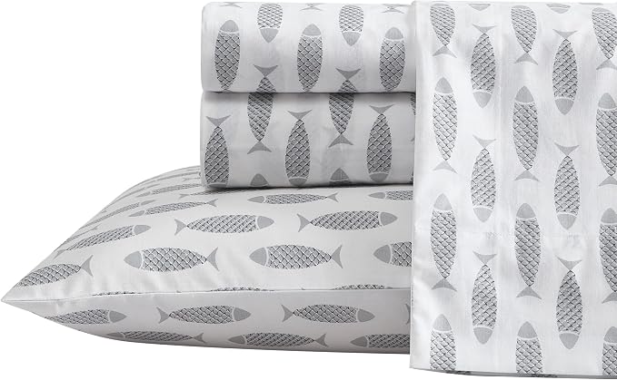 Nautica- King Sheet Set, Cotton Percale Bedding Set, Crisp & Cool, Lightweight & Breathable (Woodblock Fish Grey, King)