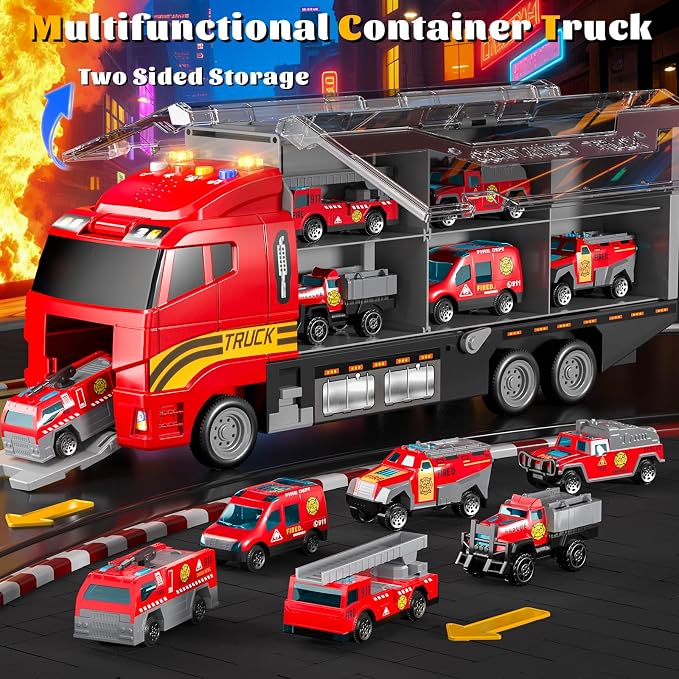 Toddler Boys Fire Truck Set: Fire Car Toy for Boy 3 4 5 6 Years Old | with Play Mat and Die-Cast Toy Car | Birthday Gifts Toys for 3-8 Year Old Boys | Girl Toys Cars with Light and Sound