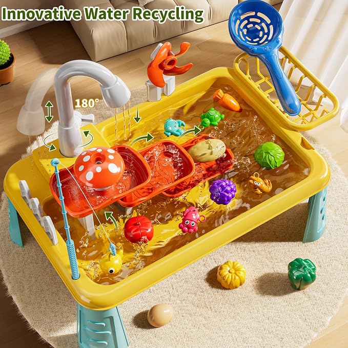 Kids Water Table Play Toy for Toddlers 1-3 4-8 Years Old, Kitchen Sink with Electrical Pump and Flowing Water, Fishing Games, Outside Sensory Gift Toys for Boys and Girls 2 3 4 5 6 7 8