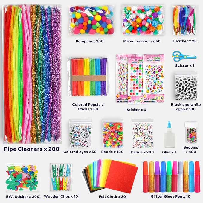 FUNZBO Arts and Crafts Supplies for Kids -Toddlers Craft Kit with Glitter Glue Stick, Pipe Cleaners, Popsicle Sticks, Pompoms & Stickers, Homeschool Supplies, Toys Crafts for Girls Age 4+