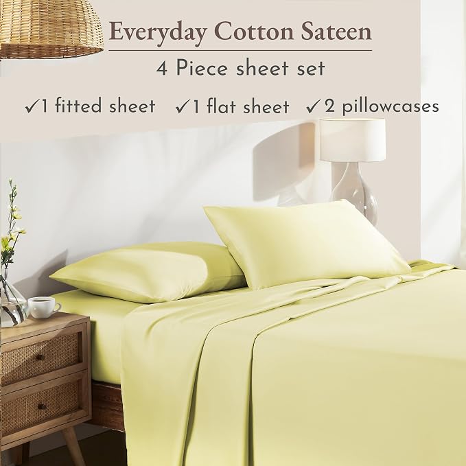 California Design Den King Sheets Set - Natural 100% Cotton Sheets King Size with Deep Pockets, Soft Sateen Weave, Breathable and Durable Bedding Set (Butter)