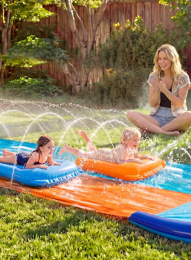 Sloosh 32.5FT Double Water Slides, Heavy Duty Lawn Slide with Sprinkler and 2 Inflatable Boards Backyard Yard Lawn Summer Outdoor Water Toy for Kids Adults