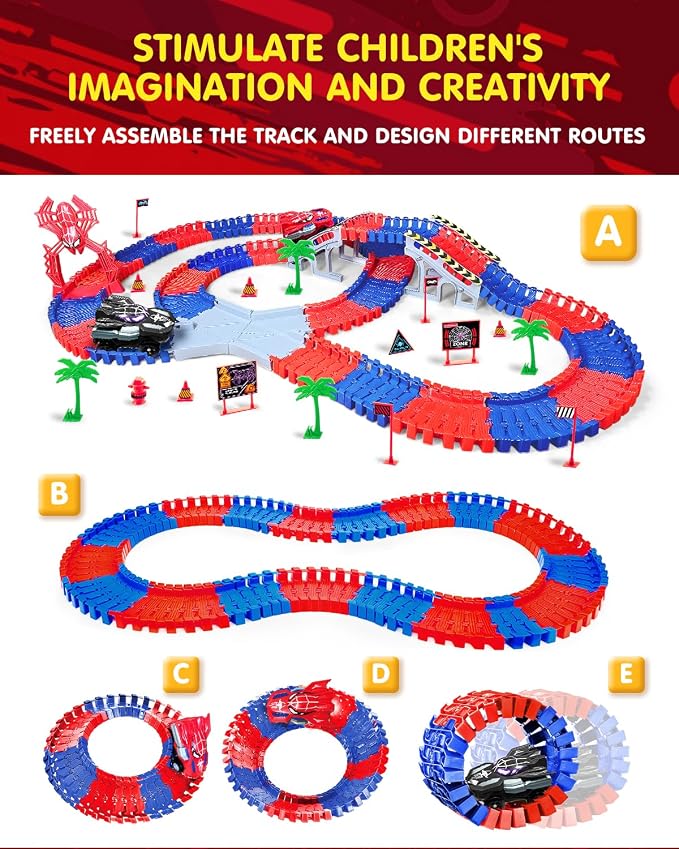Spider Hero Race Track Toy for Boys 4-6, 212PCS Flexible Car Track with 2 Spider Cars, STEM DIY Track Playset Gift for Kids Ages 3 4 5 6 7 8
