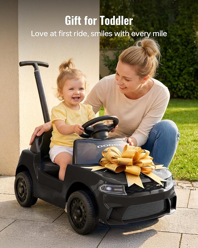 Licensed Dodge Ride on Push Car for Toddlers, Kids Push Car with Handle, Music and Horn for Toddlers 1-3 Years-Black