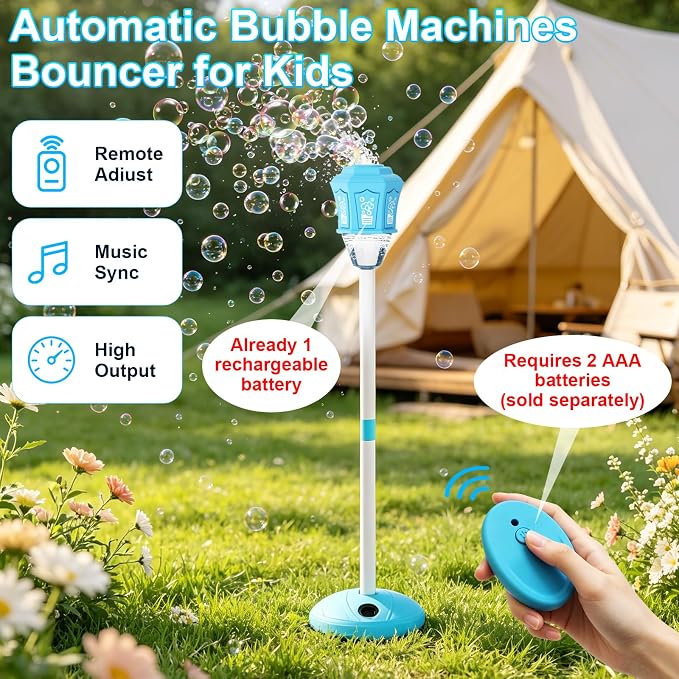 Bubble Machine for Kids, Bubble Torch, Rechargeable Automatic Bubble Machine with Lights Music, 3-Level (20 to 47 in) Adjustable Height Standing Bubble Blower for Outdoor Party Wedding Garden