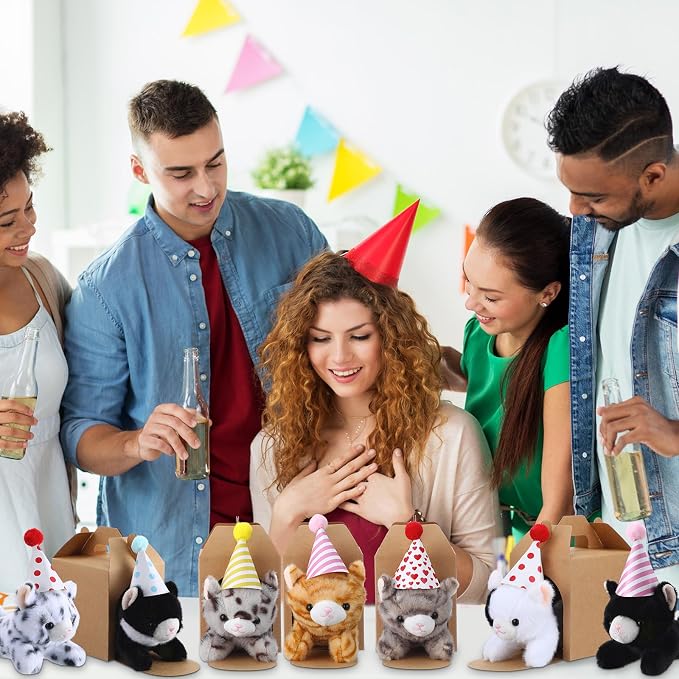 10 Set Kittens Stuffed Animals Bulk with 10 Birthday Hats 10 Kraft Paper Boxes Mini Plush Toys Small Stuffed Cat Pet Gifts for Kids, School Birthday Animal Decor(Prone Style)