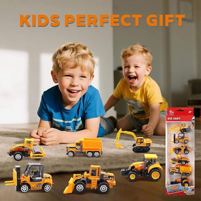 6 Pack Diecast Construction Vehicle Toys – Mini Construction Truck Set with Excavator, Dump Truck, Bulldozer & Mixer for Boys Girls Ages 3+, Birthday Party Favors & Goodie Bag Stuffers