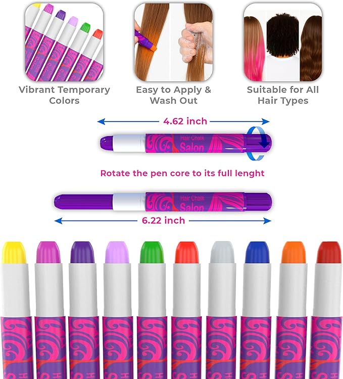Desire Deluxe Girls Gifts Hair Chalk - 10 Temporary Washable Color Pens for Kids, Teenage, Make Up & Dress Up Colourful Styles Set Toy for Christmas, Birthday, Halloween Accessories, Party Activities
