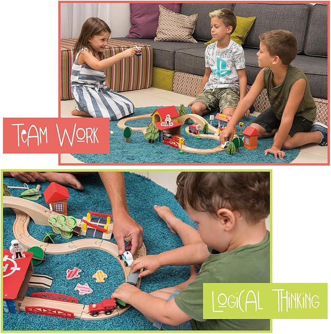 KipiPol Wooden Train Set - 69 Pieces Wooden Train Tracks & Trains for Kids, Toddler Boys and Girls 3,4,5 Years Old and Up– Premium Wood Construction Toys -Fits Thomas, Brio, IKEA, Melissa and Doug
