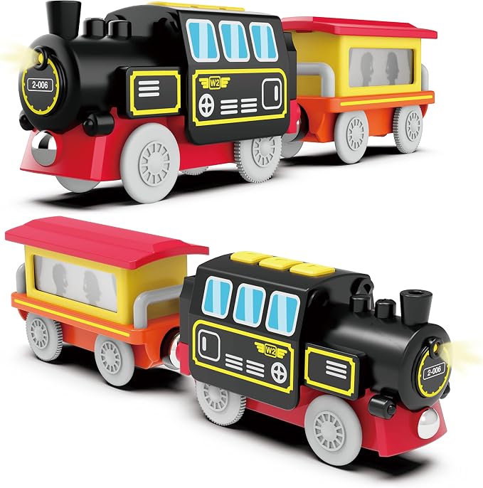 Motorized Train for Wooden Track – Black & Red Steam Locomotive with Flashing Carriage that Reveals Passenger Images, Lights & Sounds, Compatible with Thomas & Brio, Gift for Toddlers 3+