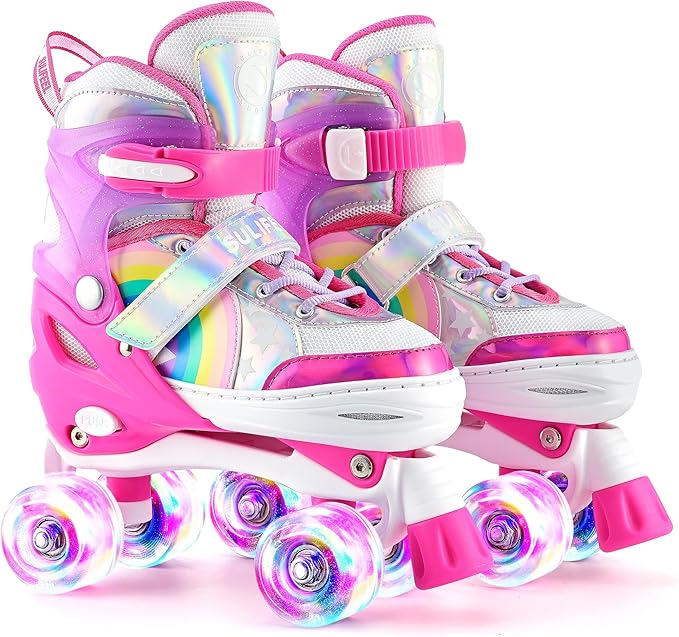 SULIFEEL Rainbow Unicorn 4 Size Adjustable Roller Skates for Girls Boys for Kids Ages 3-5 5-8 6-12 Children Skates Indoor Outdoor