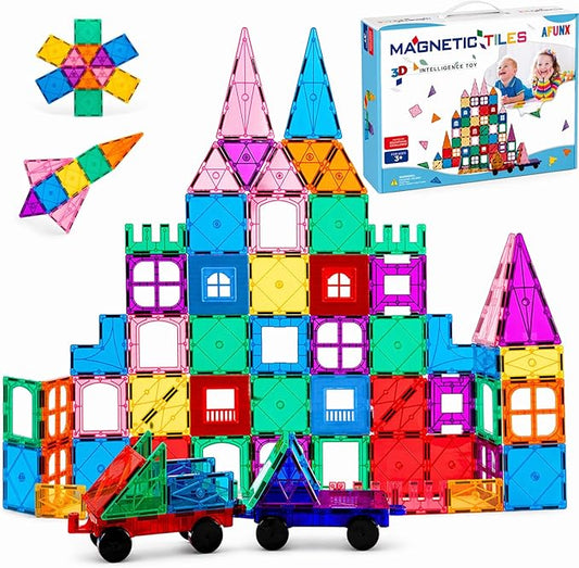 AFUNX Magnetic Tiles,102PCS Magnetic Building Blocks 3D Clear Construction Playboards, Inspiration, Creativity Beyond Imagination, Educational Magnet Toy Set for Kids with 2 Cars