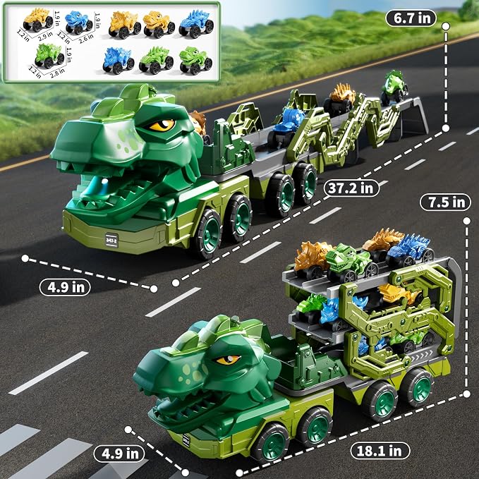 PEADUCK Toddler Car Truck Toys for Kids Ages 3-5, 10-in-1 Dinosaur Carrier Truck with Foldable Track Toys with Spray, Light & Sounds and 9 Dino Cars, Birthday Gift for 3 4 5 6 7 8 Years Old Boys Girls