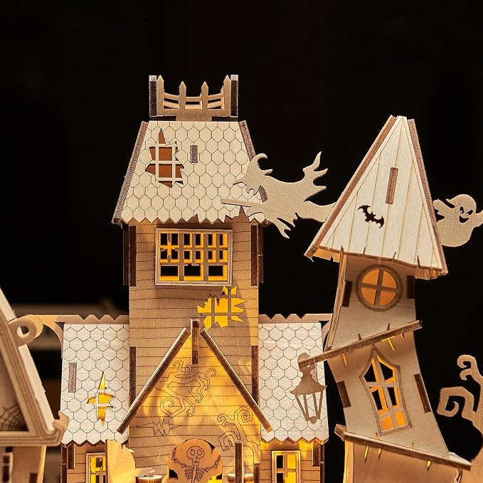 3D Wooden Puzzles Halloween House Kits Includes Light Strip, Brainteaser and Puzzle for Halloween/Birthday,Gifts for Adults and Teens to Build Combination