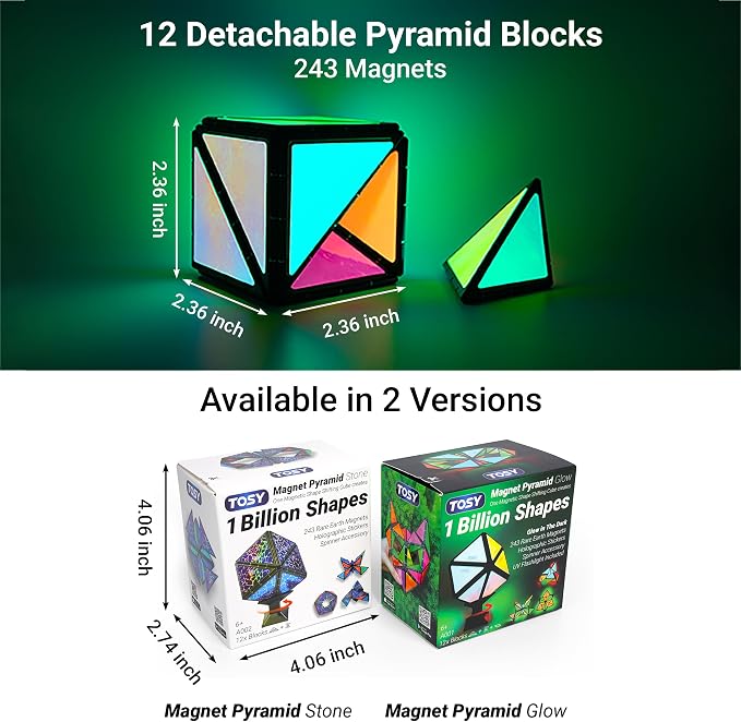 TOSY Magnet Pyramid - 1 Fidget Cube Transforms into 1 Billion Shapes, 243 Rare Earth Magnets, Glowing, Holographic Design, Spinner Accessory, Gift for Christmas Birthday (Set of 1 Stone 1 Glow)