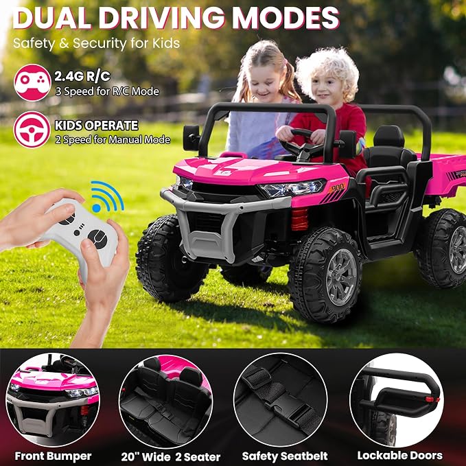24V 4WD Ride on Truck Car w/4X200W Motor, Dump Bed, Gift Flower, 2 Seaters, Remote Control, 4 Wheeler, LED Light, Music, 24 Volt Ride on Toys for Big Kids Girls 3-8, Pink