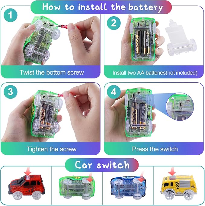 Tracks Cars 4PCS Magic LED Light-up Track Car Replacement Only,Flex Race Cars Glow in the Dark with 5 Flashing LED Lights Fits Most Tracks,Perfect Car Toys for 3-8 Kids,Boys&Girls