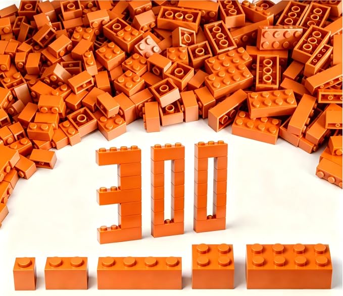 300Pcs Building Brick Bulk, Orange Bulk Bricks with 5 Sizes, Compatible with Lego and Parts and Pieces, Creative Building Block Toys for Boys Girls Ages 6 7 8 9 10 Years Old