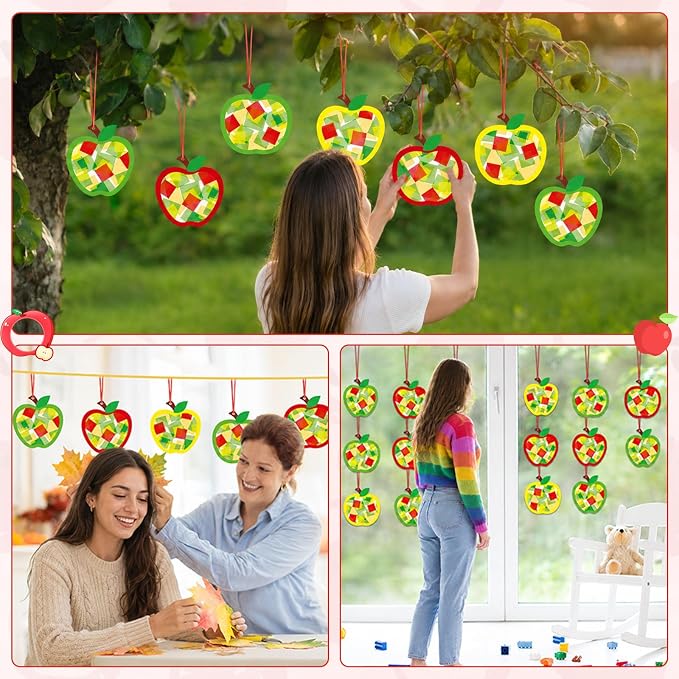 Qyeahkj 36 Set Back to School Apple Suncatchers Crafts for Kids DIY Fall Autumn Window Tissue Paper Craft Kit Hanging Decor for School Home Activity Art Project Birthday Party Favor Gift