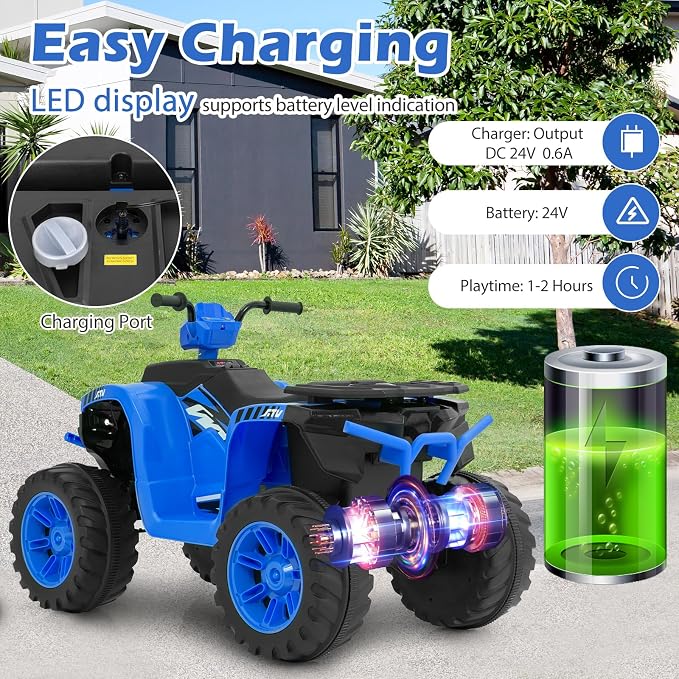 Costzon Kids ATV, 24V Four Wheeler Quad Ride on Car w/Forward/Backward, 2 Speeds, Wireless Connection, Music, Radio, LED Lights, Electric Vehicle Toddler 4 Wheeler for Kids, Boys & Girls 3-8 (Blue)