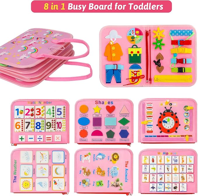 AIXMEET Toddler Busy Board Montessori Toys, Sensory Board Busy Book, Toys for Toddlers 3456 Year Old, Preschool Learning Activities with Life, Shape,Color,Animal,Weather,8 Pages (Pink)
