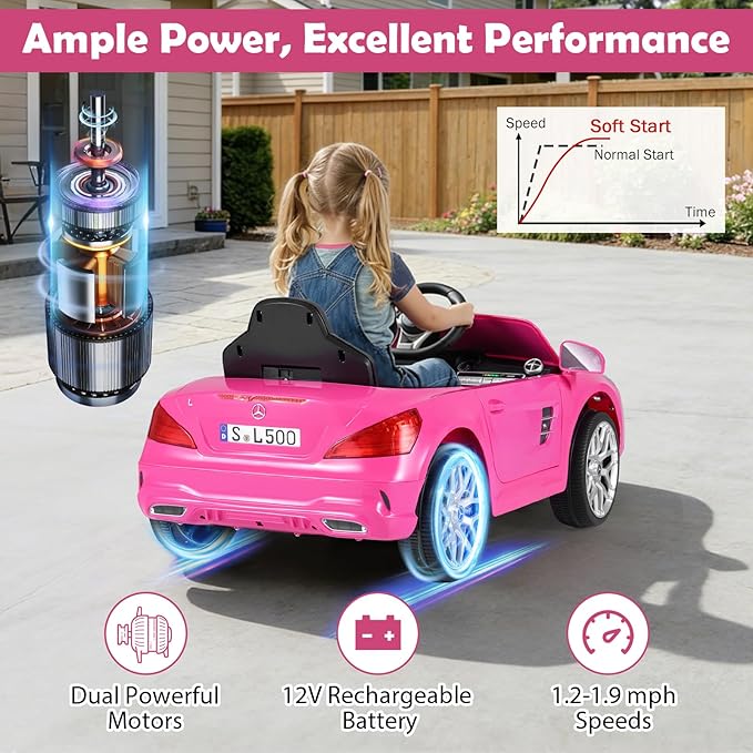 Costzon Ride On Car, 12V Licensed Mercedes Benz Electric Vehicles with Parent Remote Control, LED Headlights, Music & Wireless Connection, Kids Car for Boys Girls Aged 3-8 (SL500,Pink)