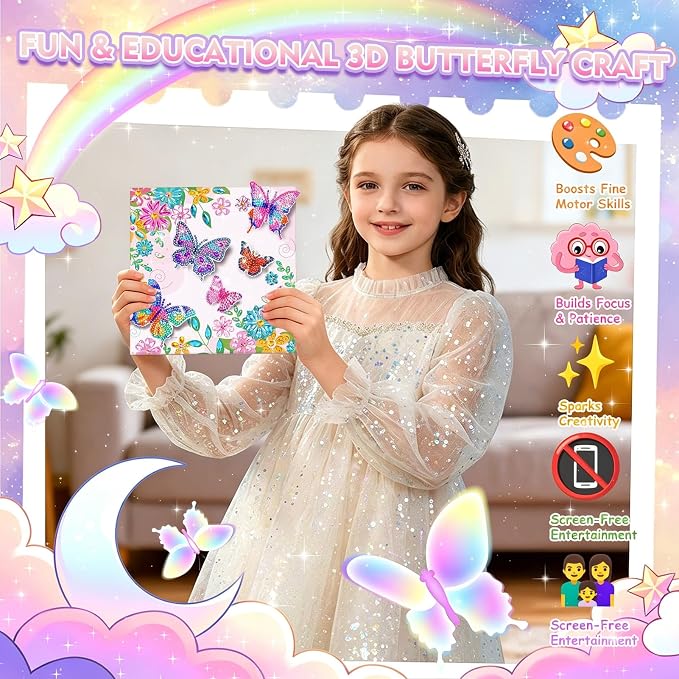 LCOZX 3D Fluttering Butterfly Diamond Art Kit for Kids Ages 8-12–Sparkling Gem Painting with Wooden Stand, Easy Arts & Crafts for Girls & Boys, Unique Birthday Gift & Bedroom Decor