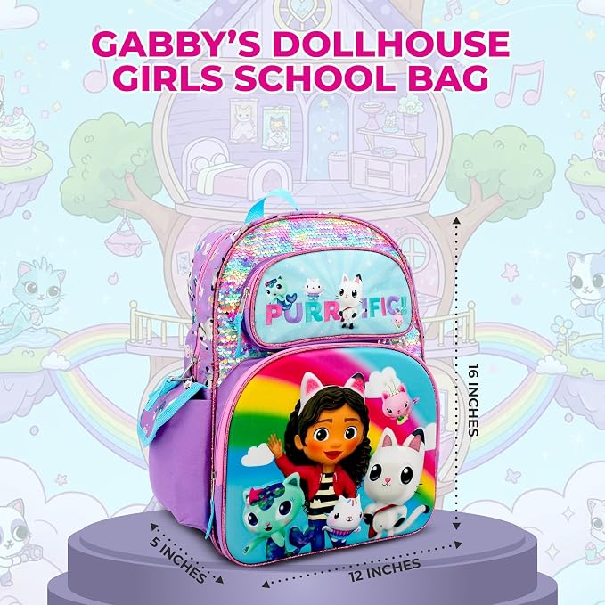 AI ACCESSORY INNOVATIONS Gabby’s Dollhouse Backpack for Girls, 16 Inch School Bag with Flip Sequins & 3D Molded Front Pocket, Purple