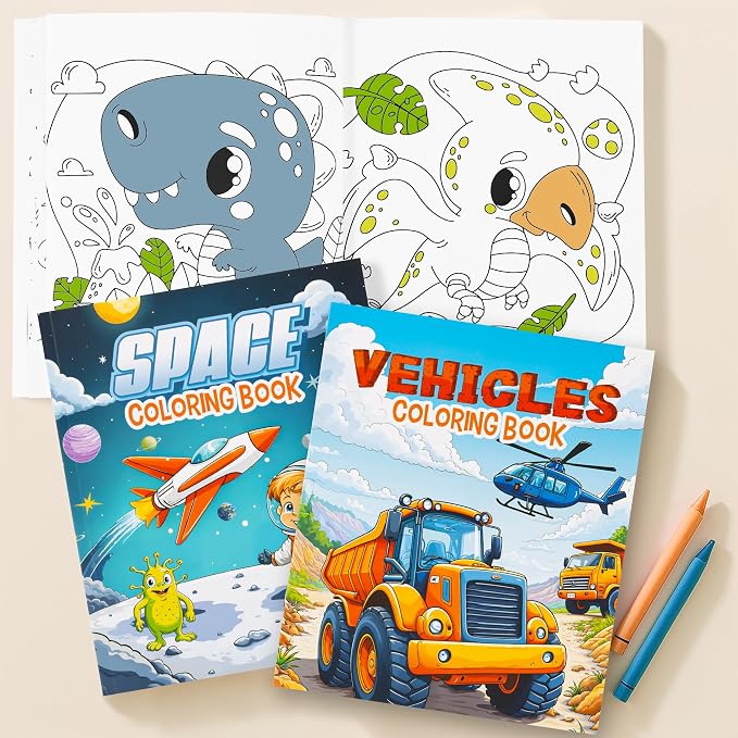 ZICOTO Fun Coloring Books for Kids Set of 3 - Exciting Dinosaur, Space & Trucks Coloring Book for Boys Ages 4-8 - Easy to Color Gift for Travel with Cute Themes for Your Creative Little Toddler 1-3