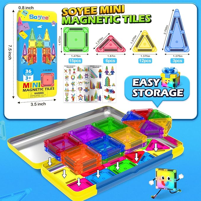 Soyee Mini Magnetic Tiles Travel Toddler Toys with Metal Tin Portable STEM Building Kids Toys for 3 4 5 6 7 8+ Years Old Boys & Girls & Birthday Gifts