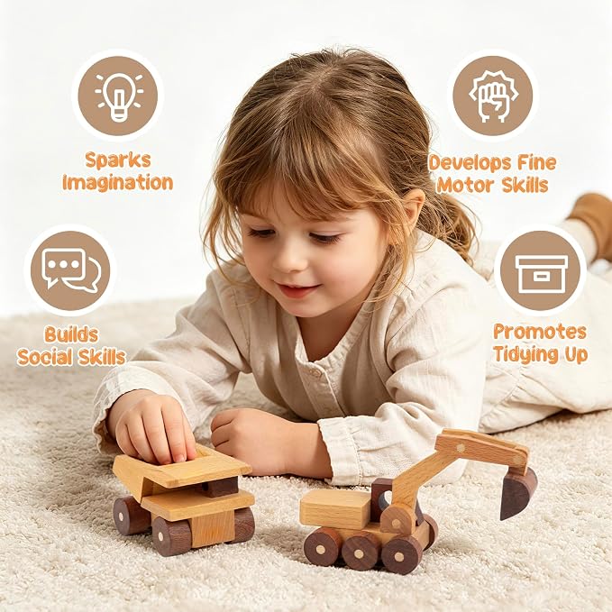 Wooden Toy Cars for 3 Year Old Boys & Girls - Construction Vehicles Set Push Toys for Toddlers, Wood Montessori Car with Rolling Wheels, Natural Wood Toys (Excavator & Dump Truck)
