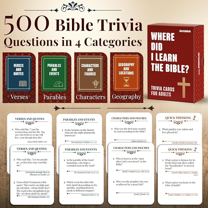 QUOKKA Bible Trivia Game for Adults – 500 Bible Questions for Christians – Fun Christian Trivia Card Games for Adults & Family – Religious Gifts for Men and Women - 4 Rich Categories to Learn and Play