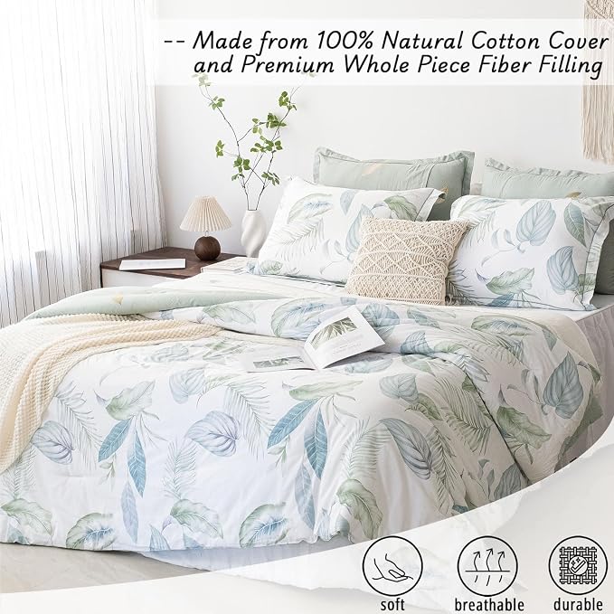 LEMIROE Botanical Cotton Comforter King Size - Sage Green Comforter Printed with Leaves & Ferns on White,Reversible Light-Weight Bedding Sets 3Pcs(Leaves,104"×90")