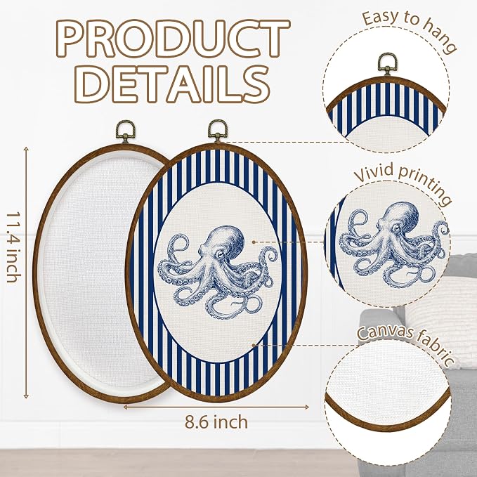 WULQYING Coastal Beach Octopus Wall Art Decor, Beach Nursery Oval Framed Canvas Art Prints, Blue Striped Ocean Octopus Wall Hanging Decor for Home Bedroom Kids Nursery Room, 8.6x11.4 Inches