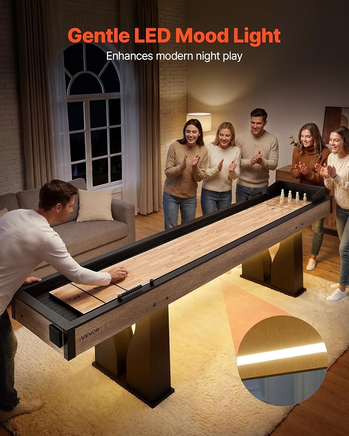 VEVOR 7ft 9ft 12ft Shuffleboard Table 2 in 1 Shuffleboard and Bowling Combo Set, Shuffle Board with Scratch-Resistant Playfield, Pucks, Bowling Set, Wax, Brush for Family Game Rooms