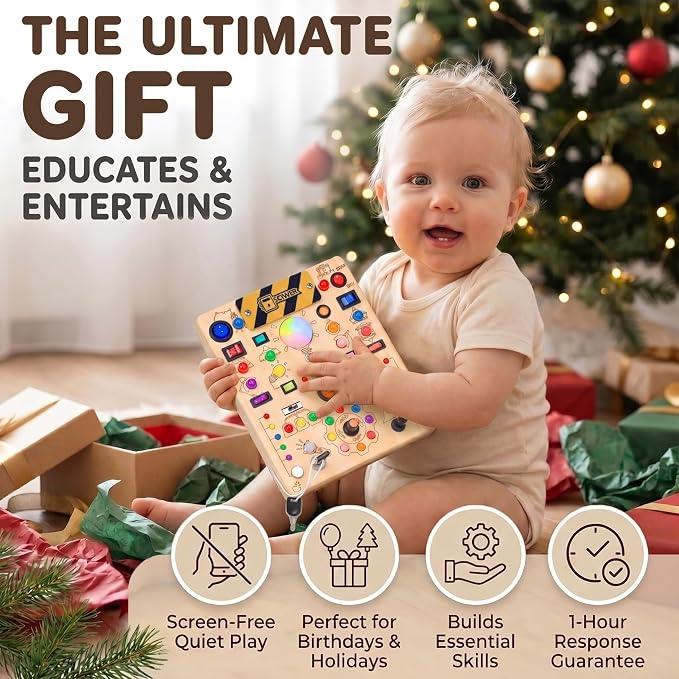 RichBoy Montessori Toy Busy Board with 40 LED Lights, 59-in-1 Sensory Toys for Toddlers, Travel Educational Activity for Airplane, Ideal Christmas Birthday Gift for Boys & Girls (7.8" x 6.5")