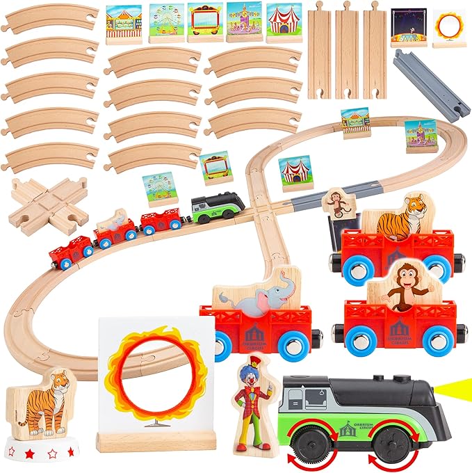 Wooden Train Set Magnetic Battery Operated Train Car with Wooden Tracks | Electric Lighted Train + Sound Track | Safari Circus Animal Compatible Thomas Brio for Grandkids Kids Toddlers